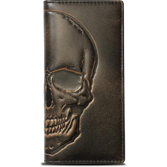 Men Brown SKULL Long Wallet Hand Burnished Finish Grain Leather Bifold Wallet - Picture 1 of 7